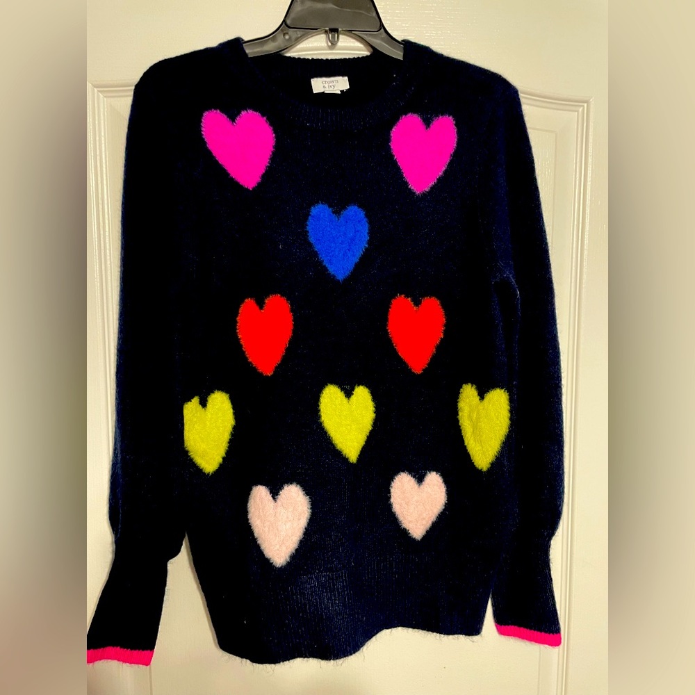 Crown & Ivy multicolored hearts knit sweater